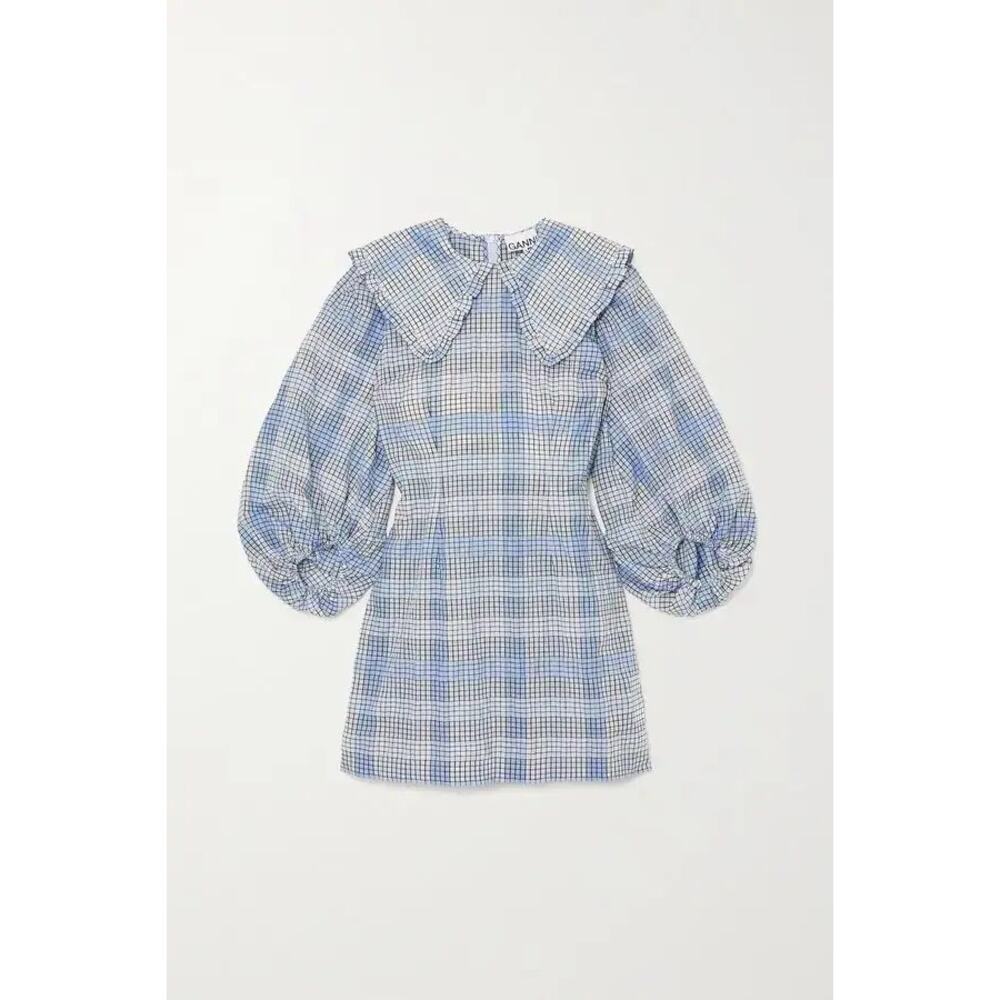 GANNI Blue Seersucker Checkered Collared Mini Dress Size EU 36 / US 4 - Picture 4 of 9